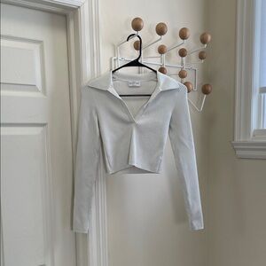 Aritzia Babaton Sculpt Knit Long Sleeve Jerry Collar Cropped Top Neutral Cream S